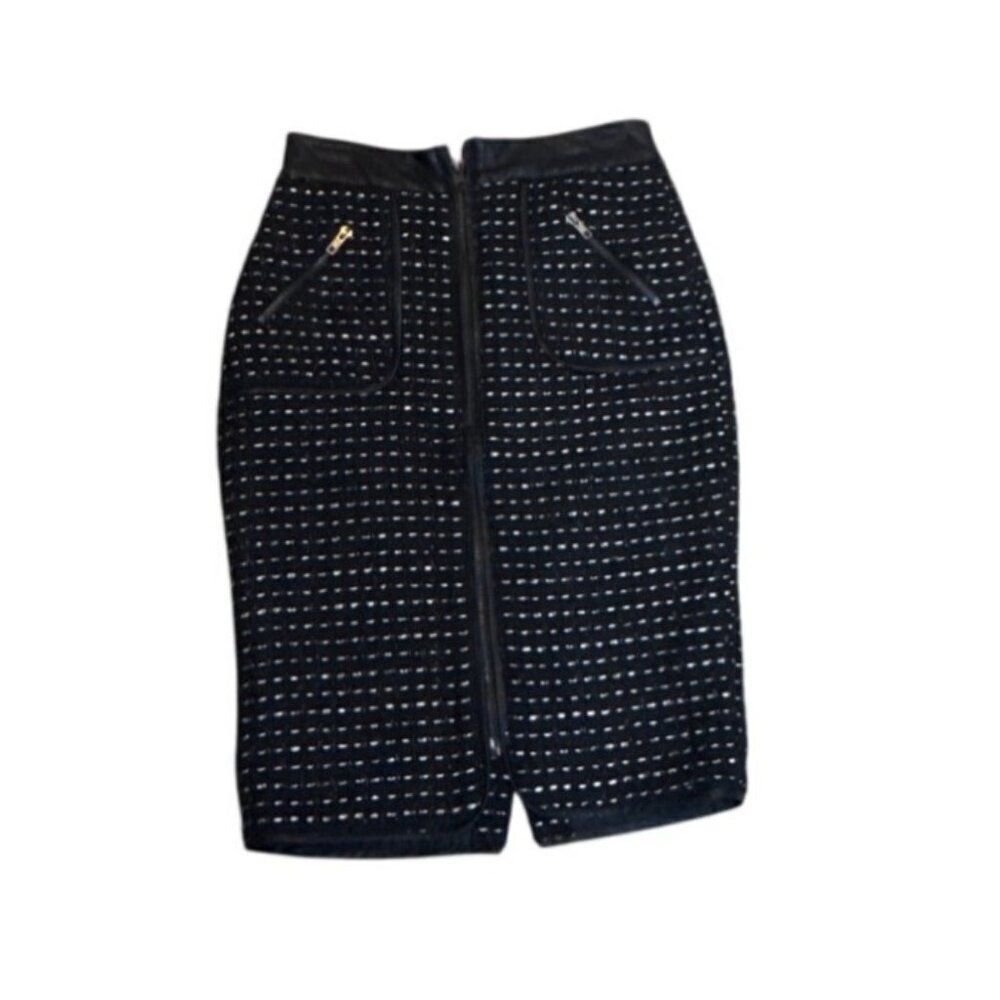 GRACIA Womens Black & White Tweed Pencil Skirt With Leather Trim Size Small Full